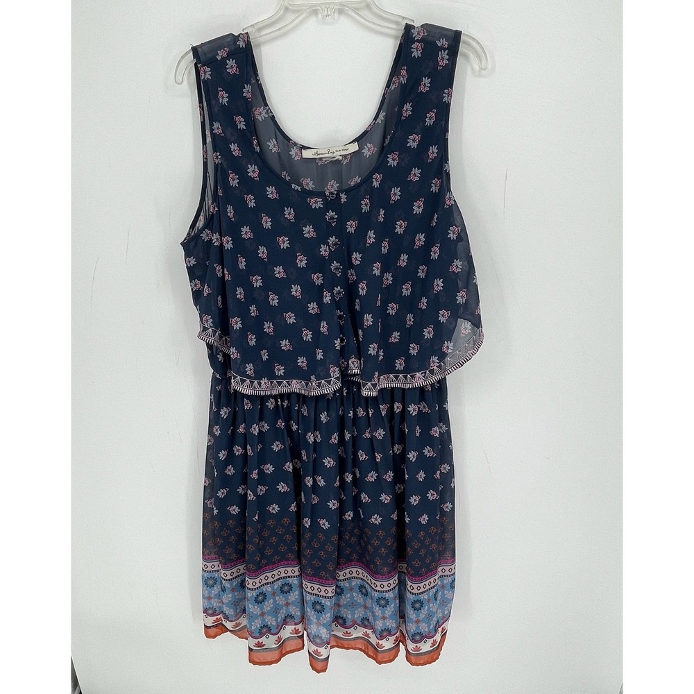 American Rag Cie Women's Navy Floral Chiffon Tiered Sleeveless Boho Dress Size M